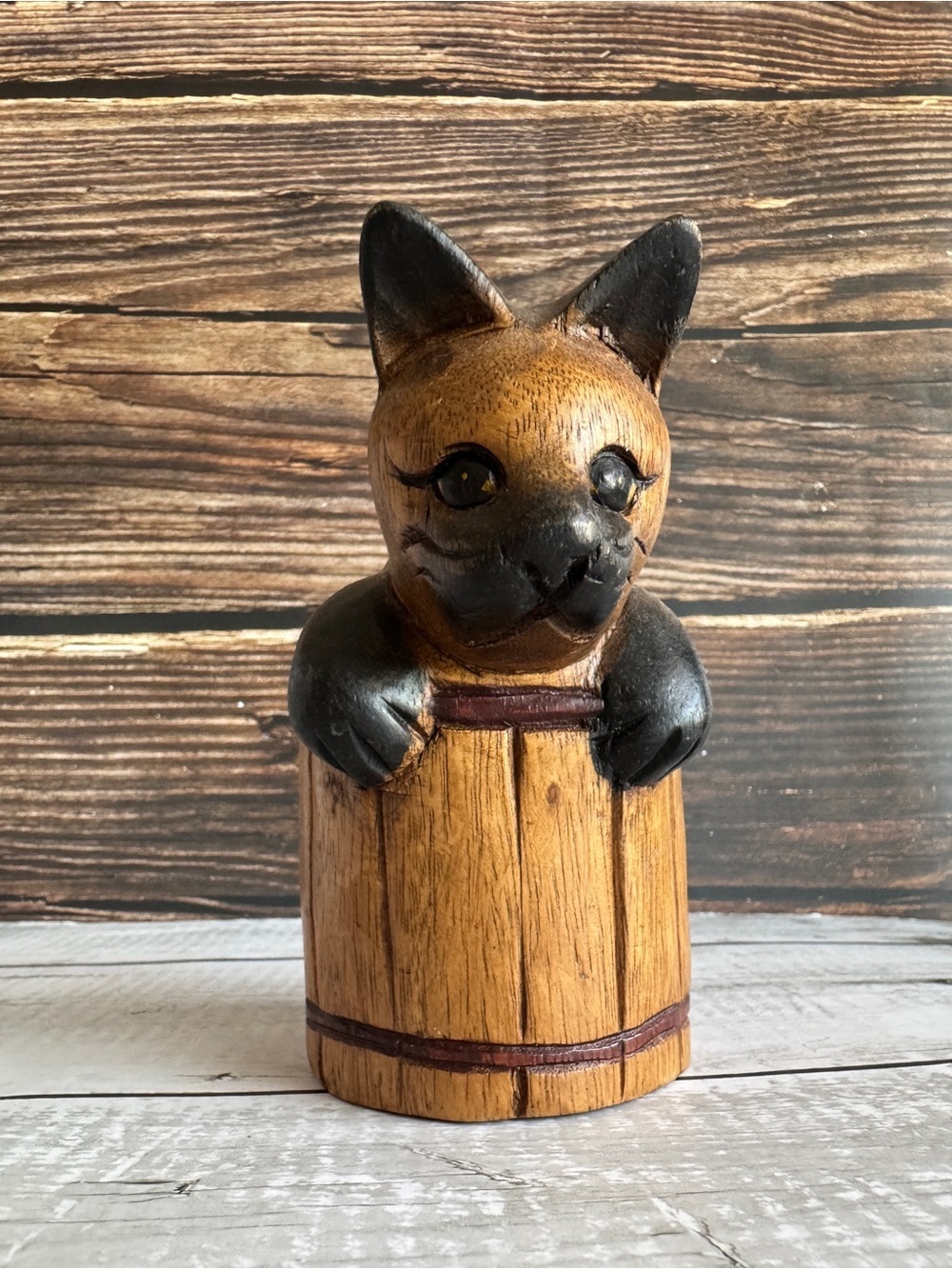 Vintage Hand Carved Wooden Cat in Barrel Figurine